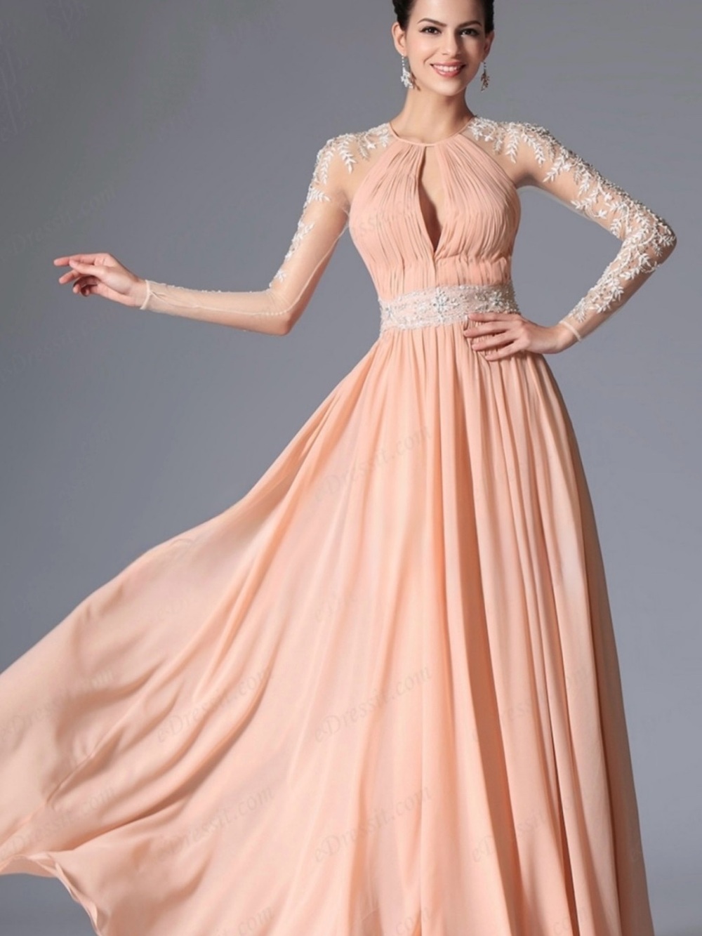 Elegant Women's Peach Evening Gown with Lace Sleeves